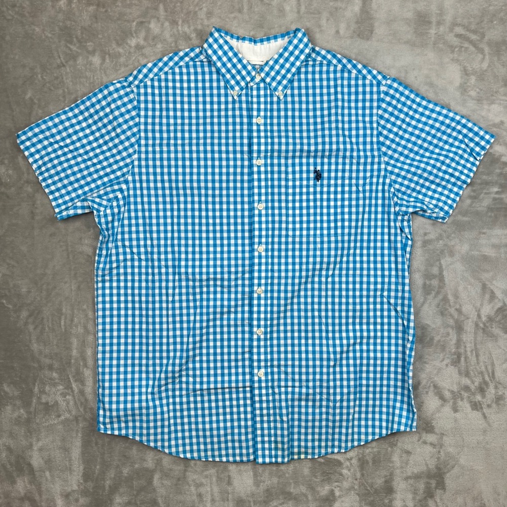 US Polo Assn. Mens Short Sleeve Button Down Shirt Blue Gingham Checkered